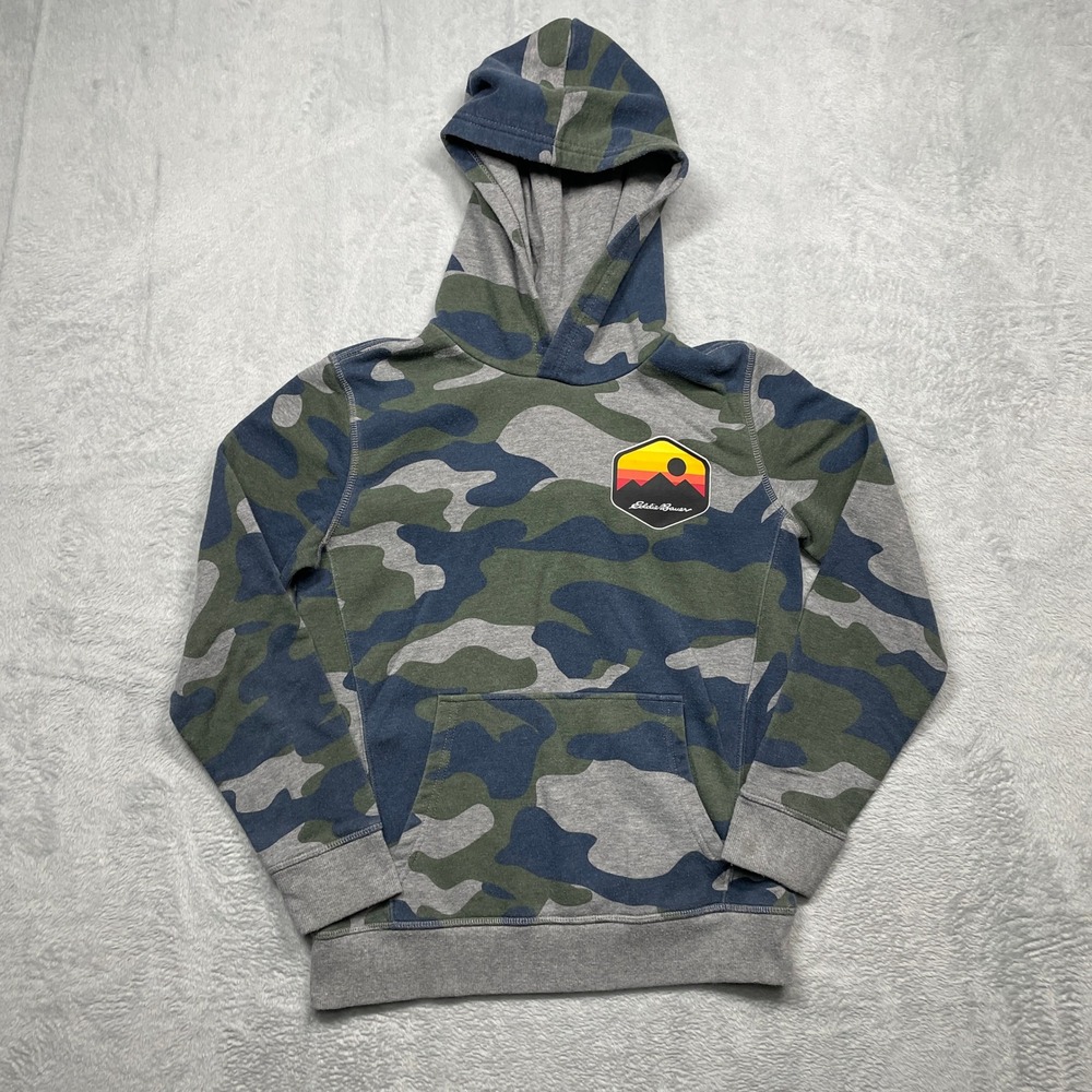 Eddie Bauer Hoodie Kids M 10/12 Green Camo Mountain Patch Pullover Sweatshirt